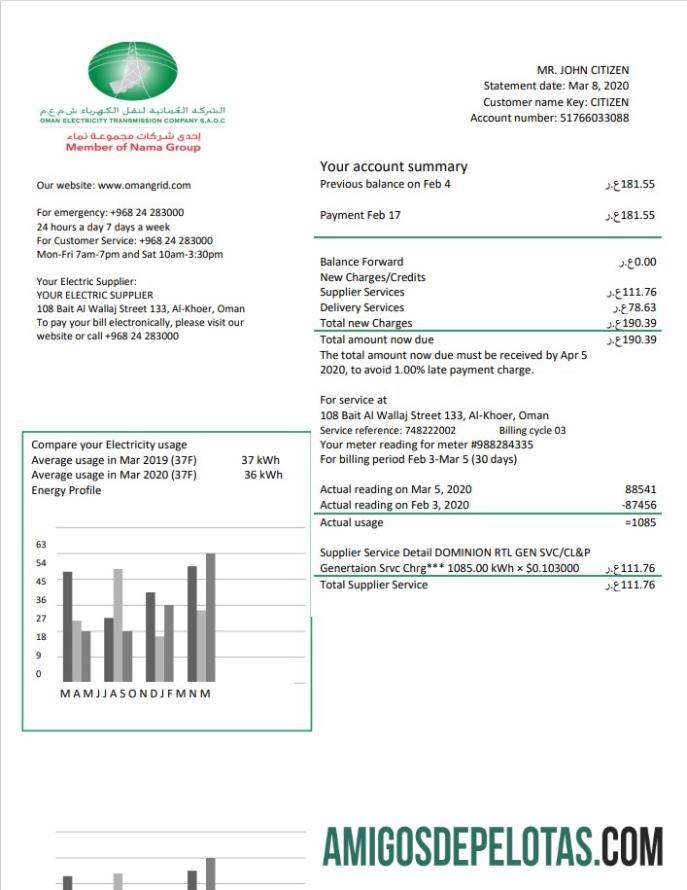 imprimível Modelo de conta de serviços públicos de eletricidade da empresa de transmissão de eletricidade de Omã em formato Word e PDF